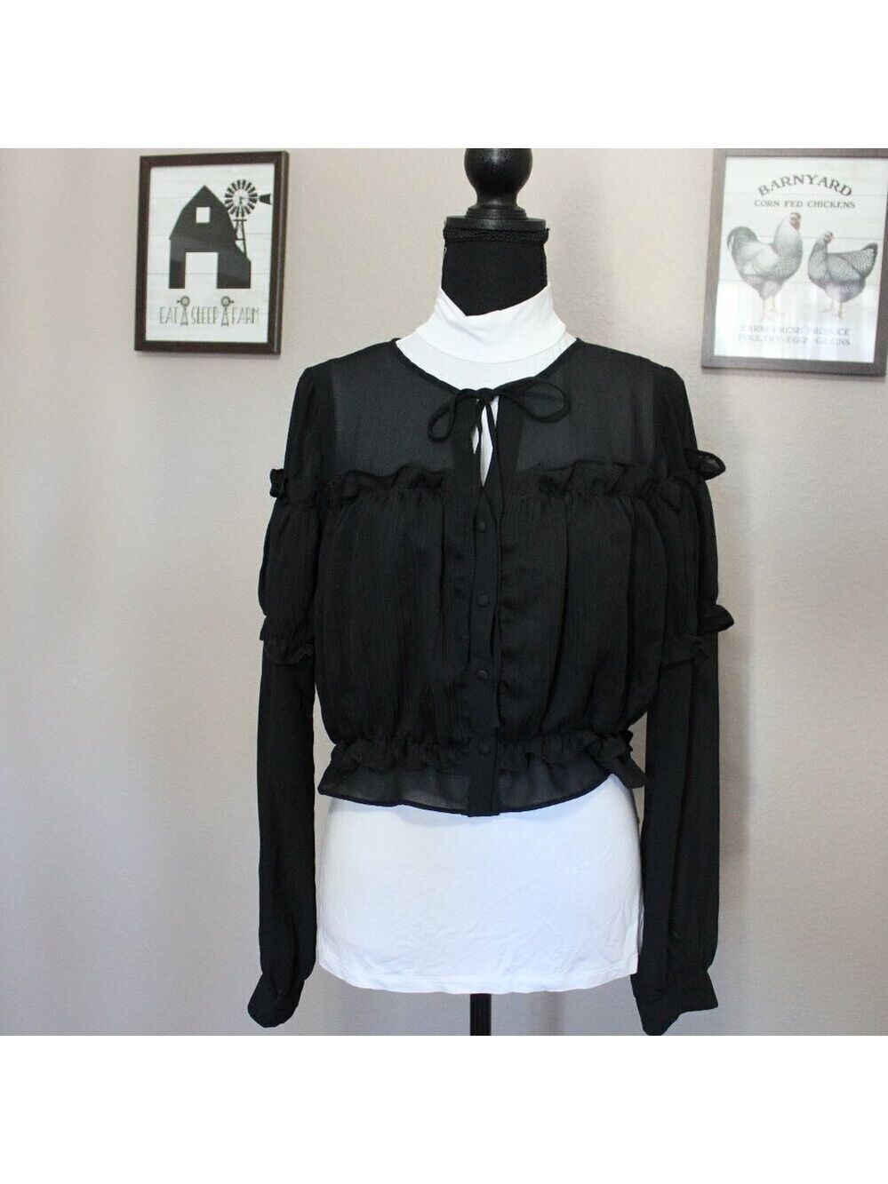 Line & Dot Womens Black Sheer Ruffle Button Down Cropped Blouse Size Medium NWT